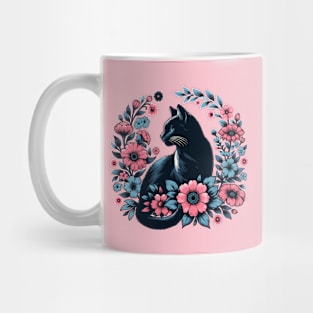 Black cat with flowers Mug